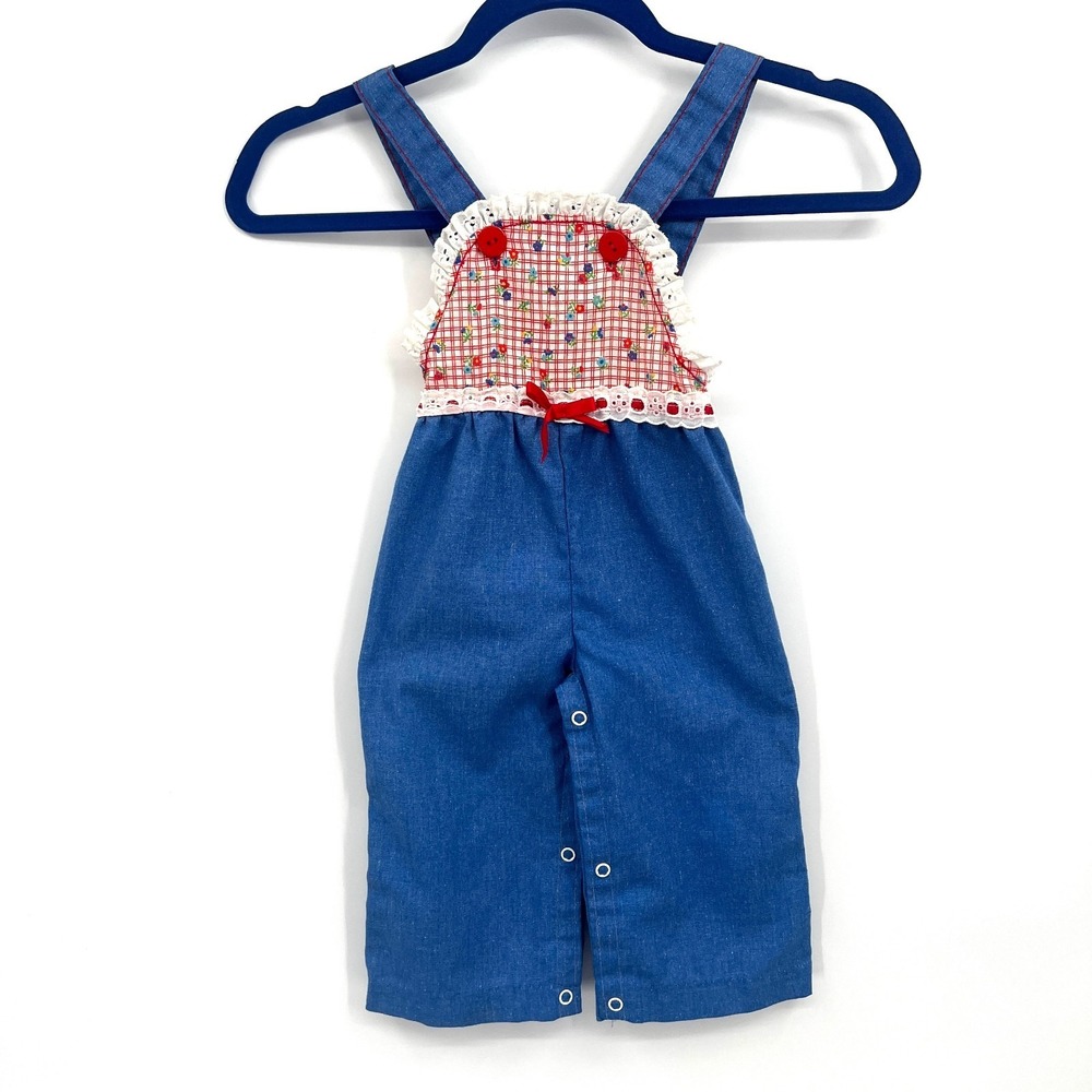 Vintage 70s 80s denim overalls quilted‎ floral cottagecore retro prairie 18mths